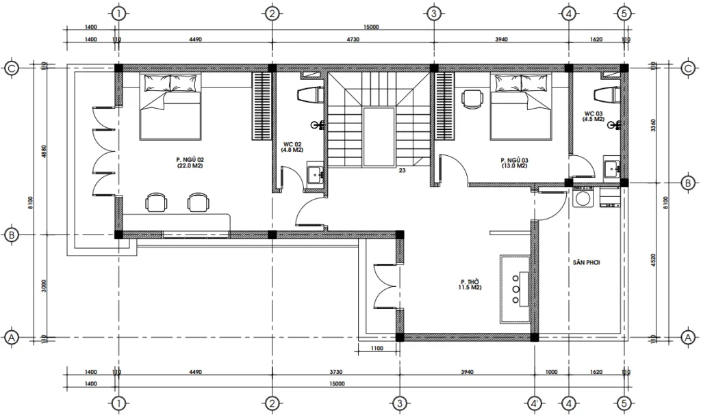 Bản vẽ chi tiết mặt bằng công năng tầng 2 mẫu nhà mái Nhật 2 tầng hiện đại.
