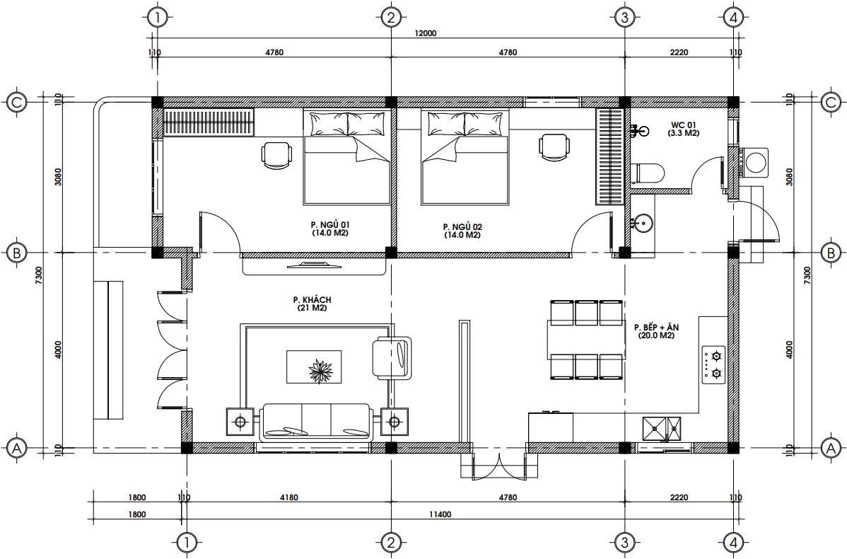 Bản vẽ bố trí công năng mẫu nhà cấp 4 mái bằng hiện đại diện tích 90m2 có 2 phòng ngủ.