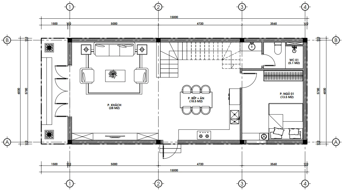 Bản vẽ mặt bằng công năng tầng 1 mẫu nhà phố tân cổ điển 2 tầng 1 tum diện tích 93m2.
