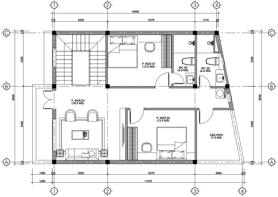 Bản vẽ tầng 2 gồm phòng khách và 2 phòng ngủ mẫu nhà phố 3 tầng mái Nhật.