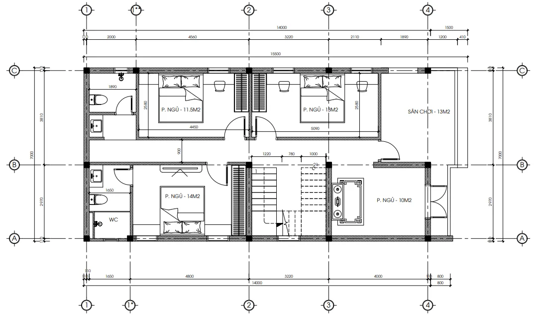 Bố trí tầng 2 mẫu nhà phố 2 tầng hiện đại với 3 phòng ngủ và sân chơi 13m2 thoáng đãng.