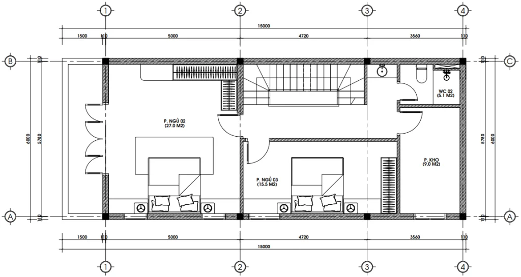 Bản vẽ mặt bằng công năng tầng 2 mẫu nhà phố tân cổ điển 2 tầng 1 tum diện tích 91m2.