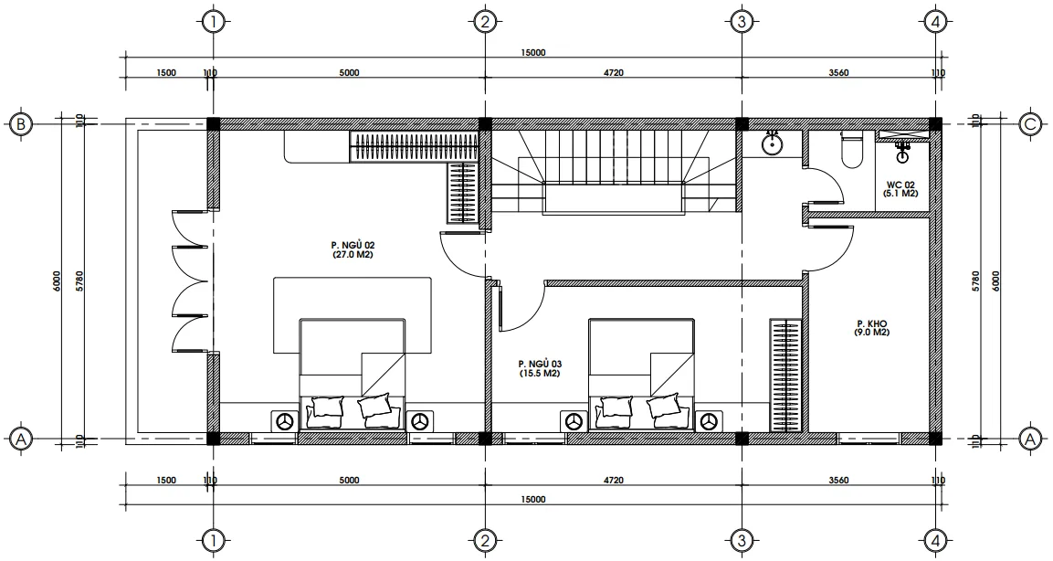 Bản vẽ mặt bằng công năng tầng 2 mẫu nhà phố tân cổ điển 2 tầng 1 tum diện tích 91m2.