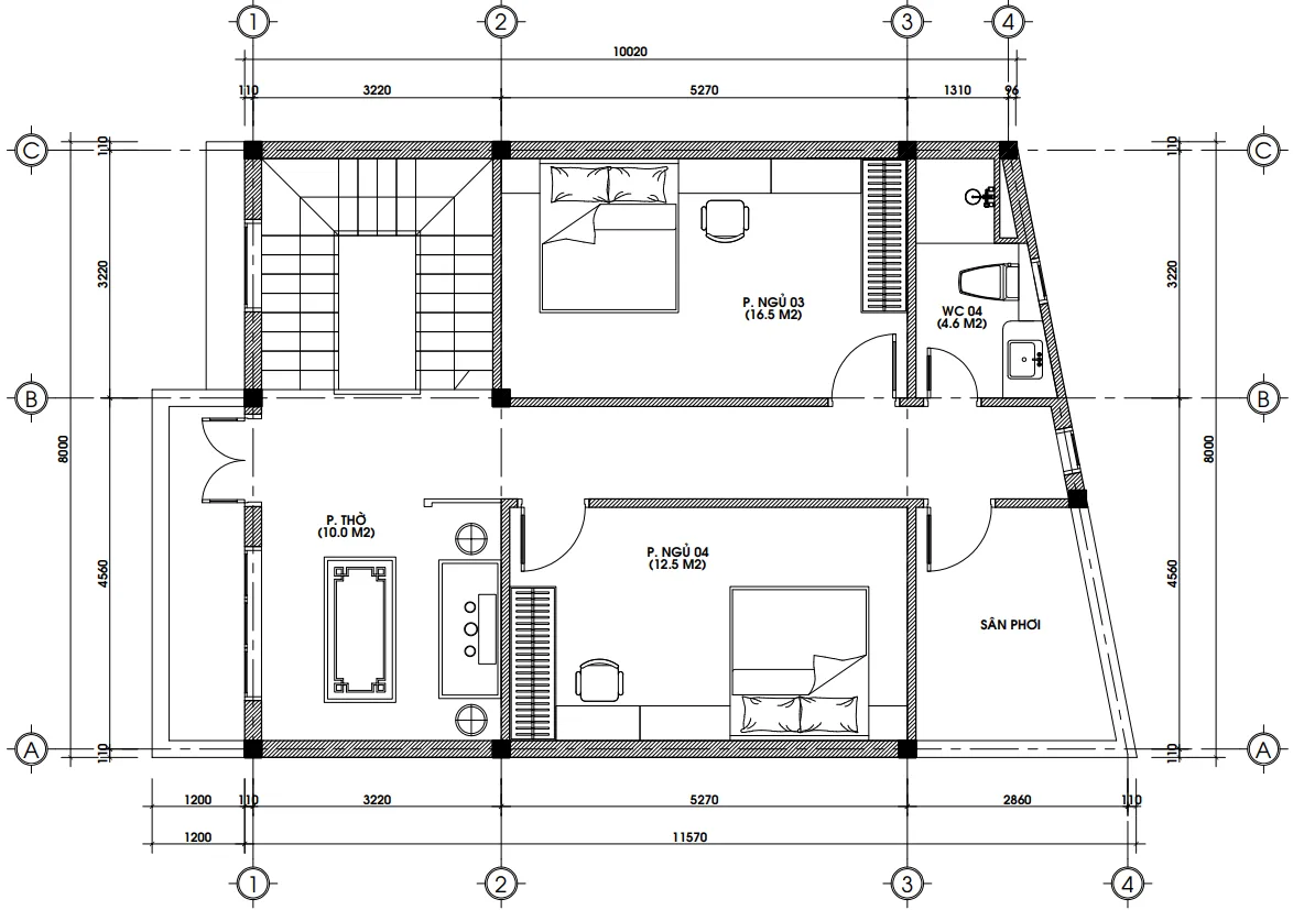 Bản vẽ tầng 3 gồm phòng thờ và 2 phòng ngủ mẫu nhà phố 3 tầng mái Nhật.