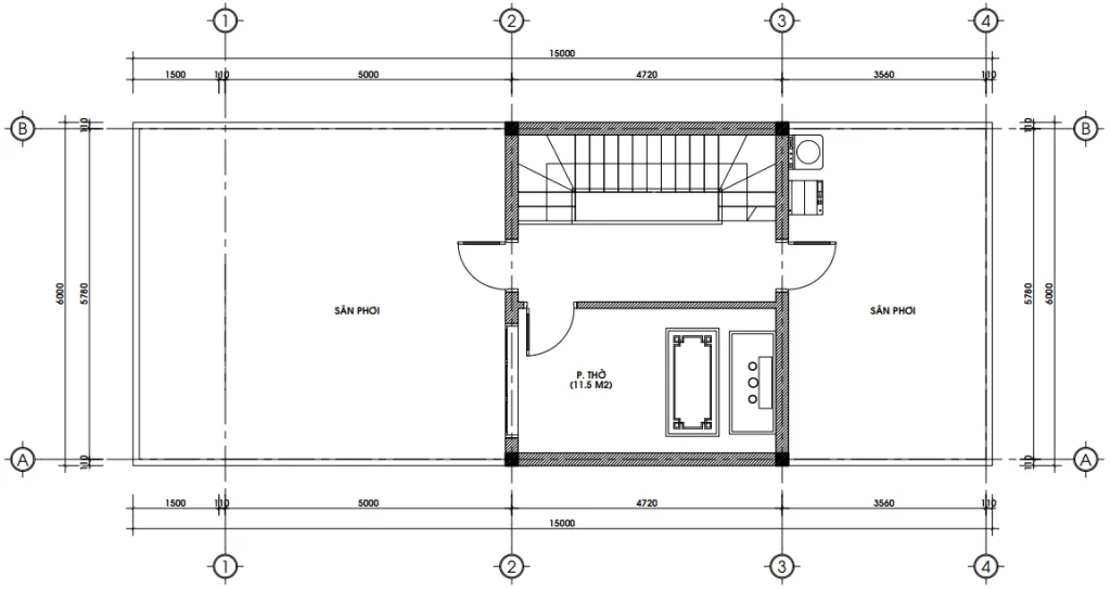 Bản vẽ mặt bằng công năng tầng tum mẫu nhà phố tân cổ điển 2 tầng 1 tum diện tích 32m2.