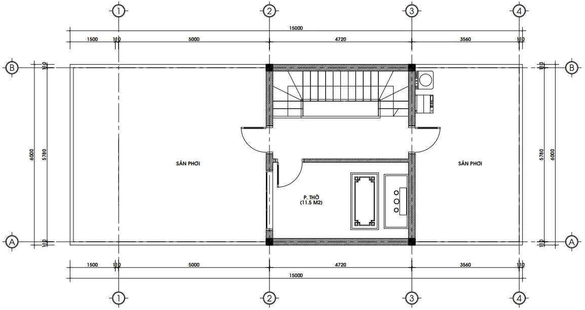 Bản vẽ mặt bằng công năng tầng tum mẫu nhà phố tân cổ điển 2 tầng 1 tum diện tích 32m2.