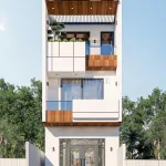 Phối cảnh mặt tiền mẫu nhà ống 2 tầng 1 tum hiện đại kết hợp ốp gỗ nhựa sang trọng tại Bắc Ninh.