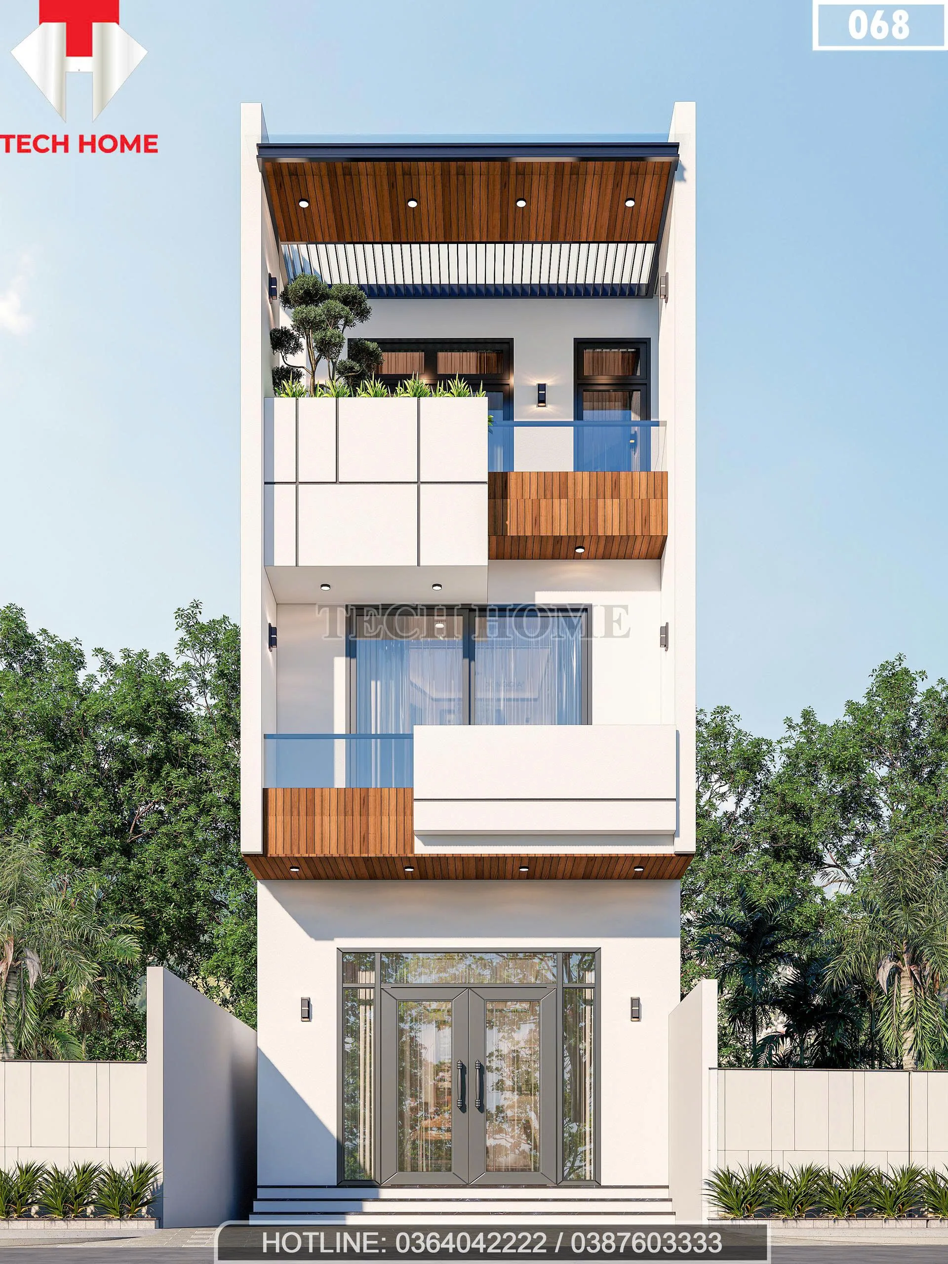 Phối cảnh mặt tiền mẫu nhà ống 2 tầng 1 tum hiện đại kết hợp ốp gỗ nhựa sang trọng tại Bắc Ninh.