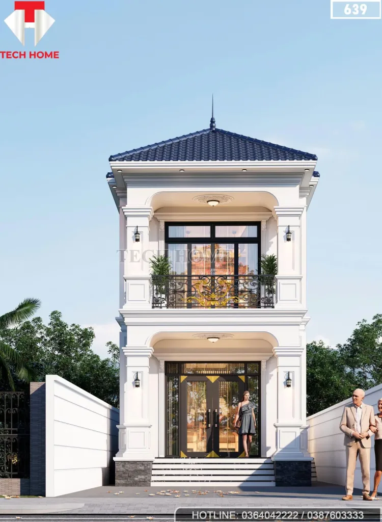 Phối cảnh chính diện mẫu nhà 2 tầng mái nhật tân cổ điển tại Hưng Yên.