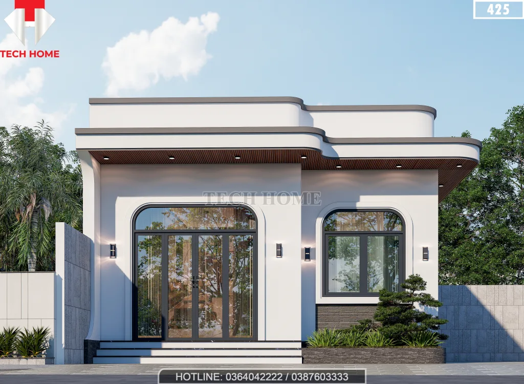 Mẫu nhà cấp 4 mái bằng hiện đại sử dụng hệ cửa kính lớn đón ánh sáng tự nhiên.