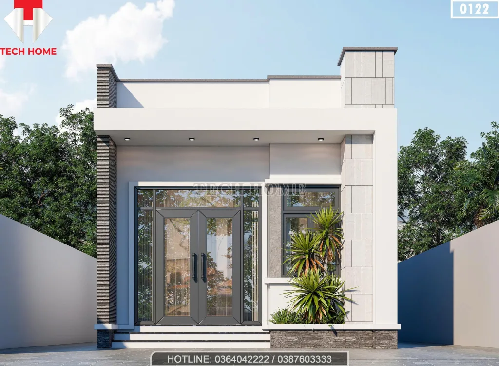 Phối cảnh mặt tiền mẫu nhà cấp 4 mái bằng hiện đại, thiết kế cửa kính lớn đón sáng tự nhiên do Techhome thực hiện.