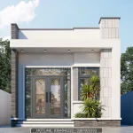 Phối cảnh mặt tiền mẫu nhà cấp 4 mái bằng hiện đại, thiết kế cửa kính lớn đón sáng tự nhiên do Techhome thực hiện.