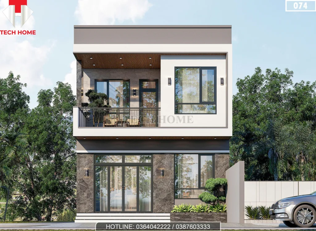 Phối cảnh mặt tiền mẫu nhà 2 tầng 4 phòng ngủ hiện đại mặt tiền 6.9m tại Yên Bái.