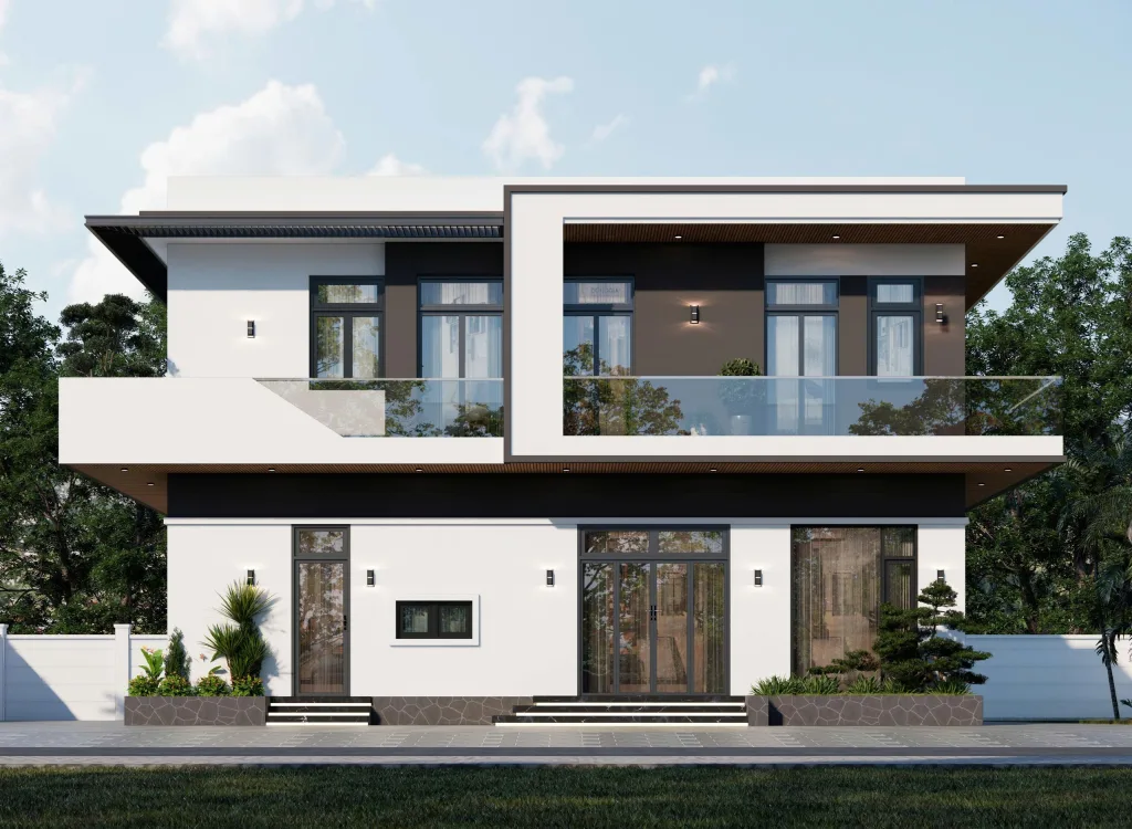 Phối cảnh mặt tiền mẫu nhà 2 tầng hiện đại 100m2 mặt tiền 12.5m tại Bắc Ninh.