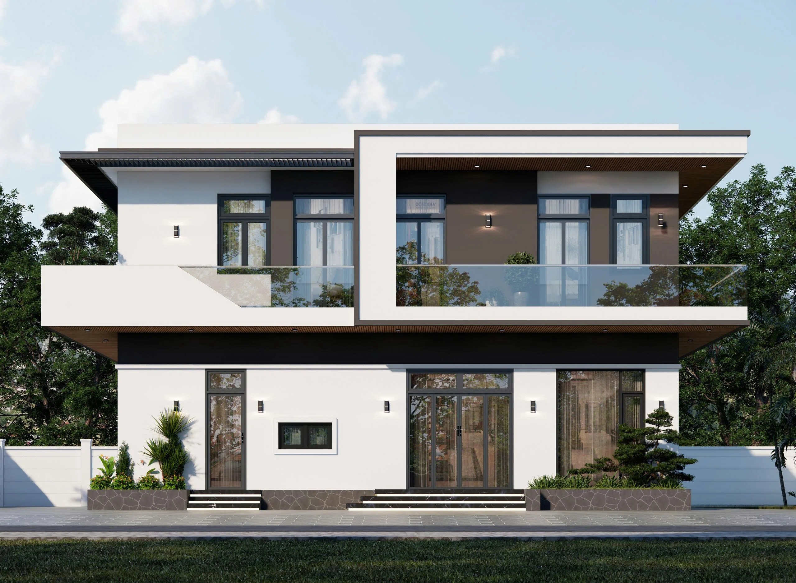 Phối cảnh mặt tiền mẫu nhà 2 tầng hiện đại 100m2 mặt tiền 12.5m tại Bắc Ninh.