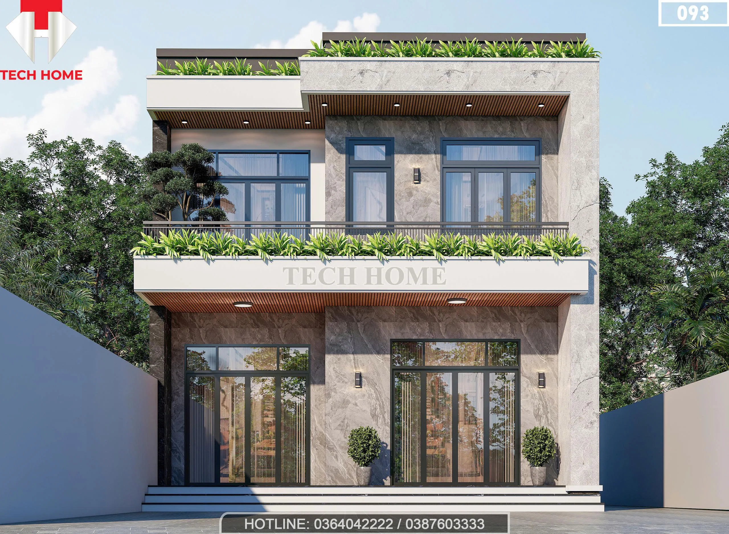 Phối cảnh mặt tiền mẫu nhà 2 tầng hiện đại ốp đá sang trọng tại Thái Bình của anh Dũng.