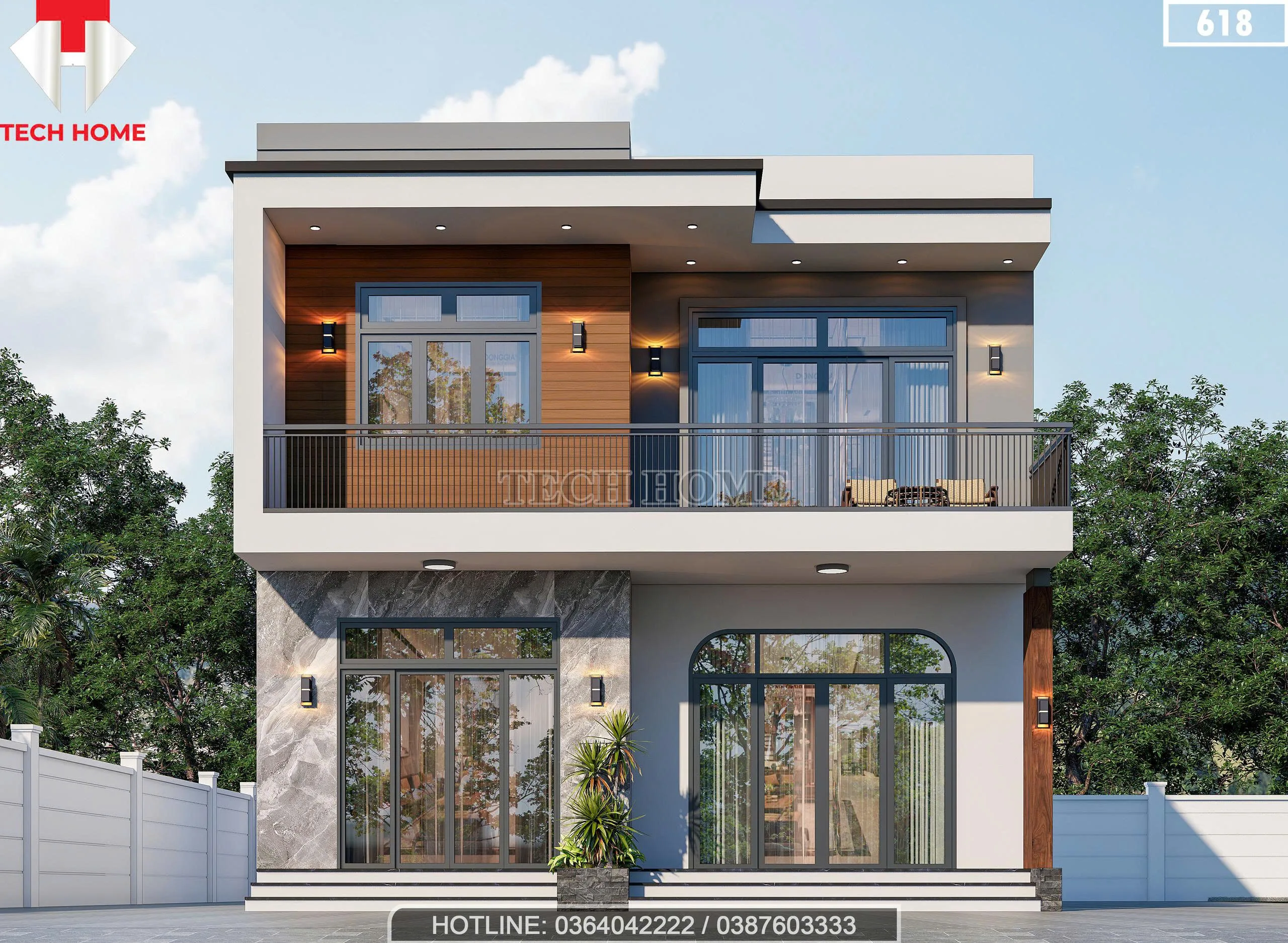 Phối cảnh mặt tiền mẫu nhà 2 tầng mái bằng hiện đại mặt tiền 8.5m tại Đan Phượng Hà Nội.