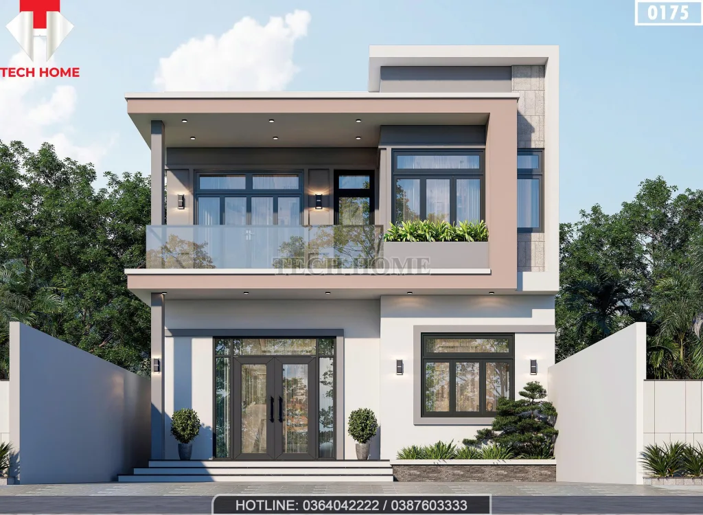 Phối cảnh mặt tiền mẫu nhà 2 tầng mái bằng hiện đại tại Đan Phượng, Hà Nội cho chị Oanh.