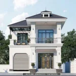 Thiết kế mẫu nhà 2 tầng mái nhật có gara ô tô và cửa cuốn tiện nghi.