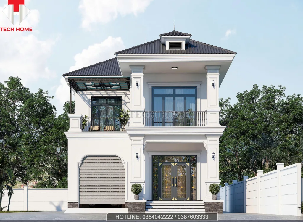 Thiết kế mẫu nhà 2 tầng mái nhật có gara ô tô và cửa cuốn tiện nghi.