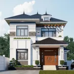 Mẫu nhà 2 tầng mái nhật đẹp với hệ cửa gỗ đại hội sang trọng.