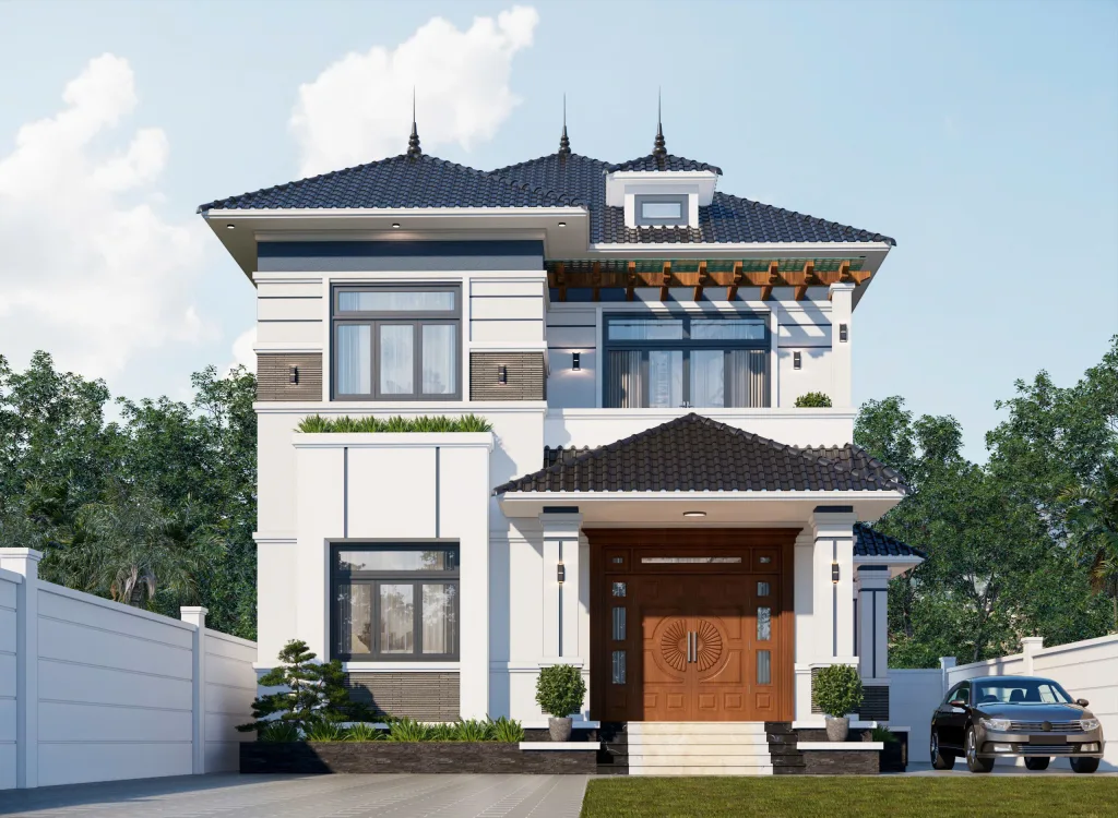 Mẫu nhà 2 tầng mái nhật đẹp với hệ cửa gỗ đại hội sang trọng.