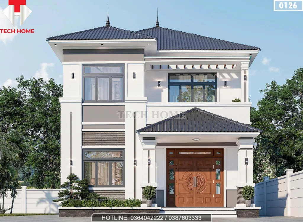 Phối cảnh mặt tiền mẫu nhà 2 tầng mái Nhật tại Bắc Ninh hiện đại với cửa gỗ tự nhiên sang trọng.