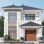 Phối cảnh mặt tiền mẫu nhà 2 tầng mái Nhật tại Bắc Ninh hiện đại với cửa gỗ tự nhiên sang trọng.