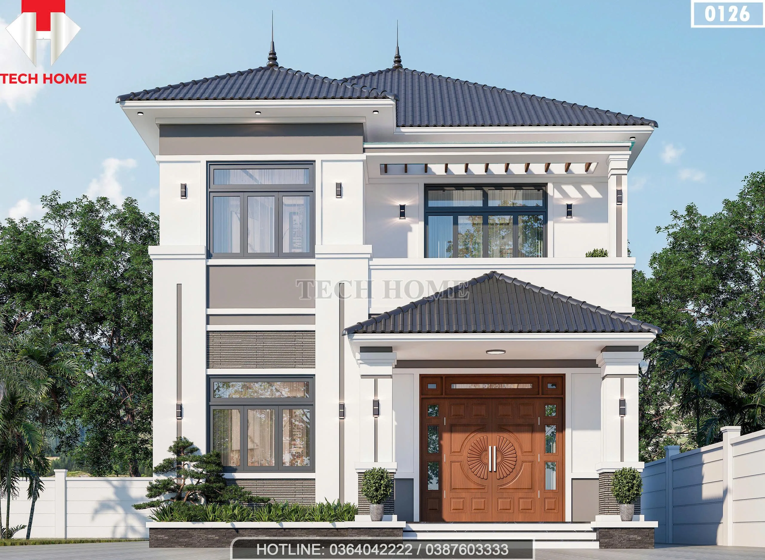 Phối cảnh mặt tiền mẫu nhà 2 tầng mái Nhật tại Bắc Ninh hiện đại với cửa gỗ tự nhiên sang trọng.