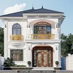 Mặt tiền nhà 2 tầng mái nhật sang trọng với ban công nhôm đúc mạ vàng.