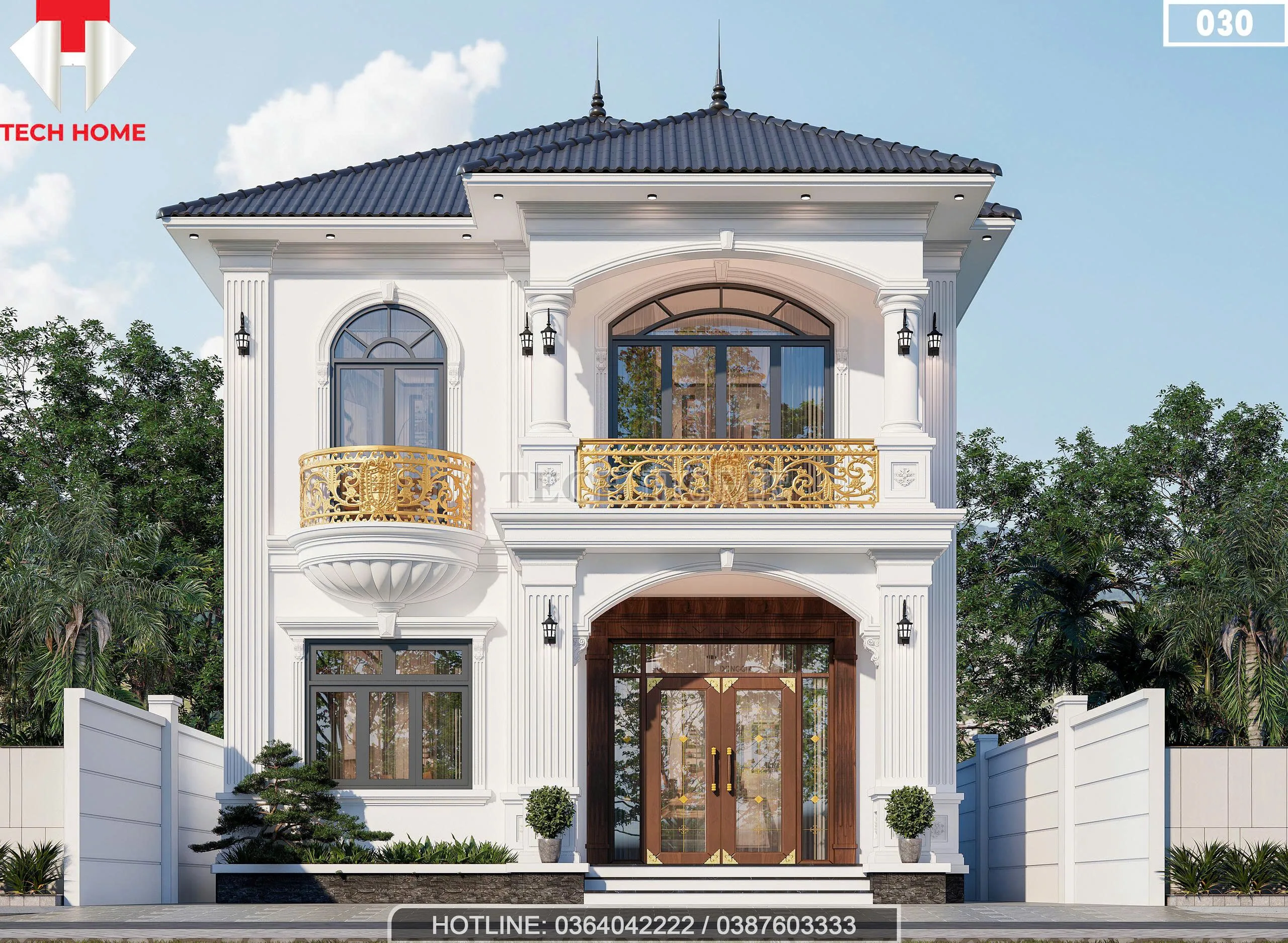 Phối cảnh mặt tiền chính diện mẫu nhà 2 tầng mái Nhật tân cổ điển sang trọng tại Hưng Yên.