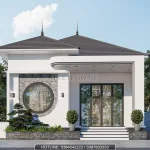 Điểm nhấn mặt tiền mẫu nhà cấp 4 mái nhật với thiết kế ô cửa tròn độc đáo