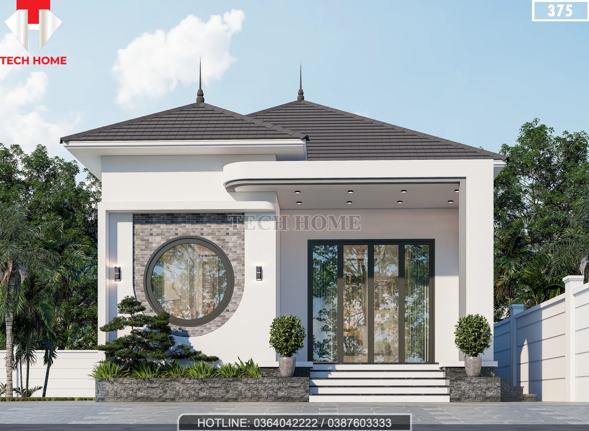 Điểm nhấn mặt tiền mẫu nhà cấp 4 mái nhật với thiết kế ô cửa tròn độc đáo