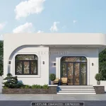 Thiết kế nhà cấp 4 mái bằng bo góc nghệ thuật kết hợp hệ cửa kính vòm sang trọng.