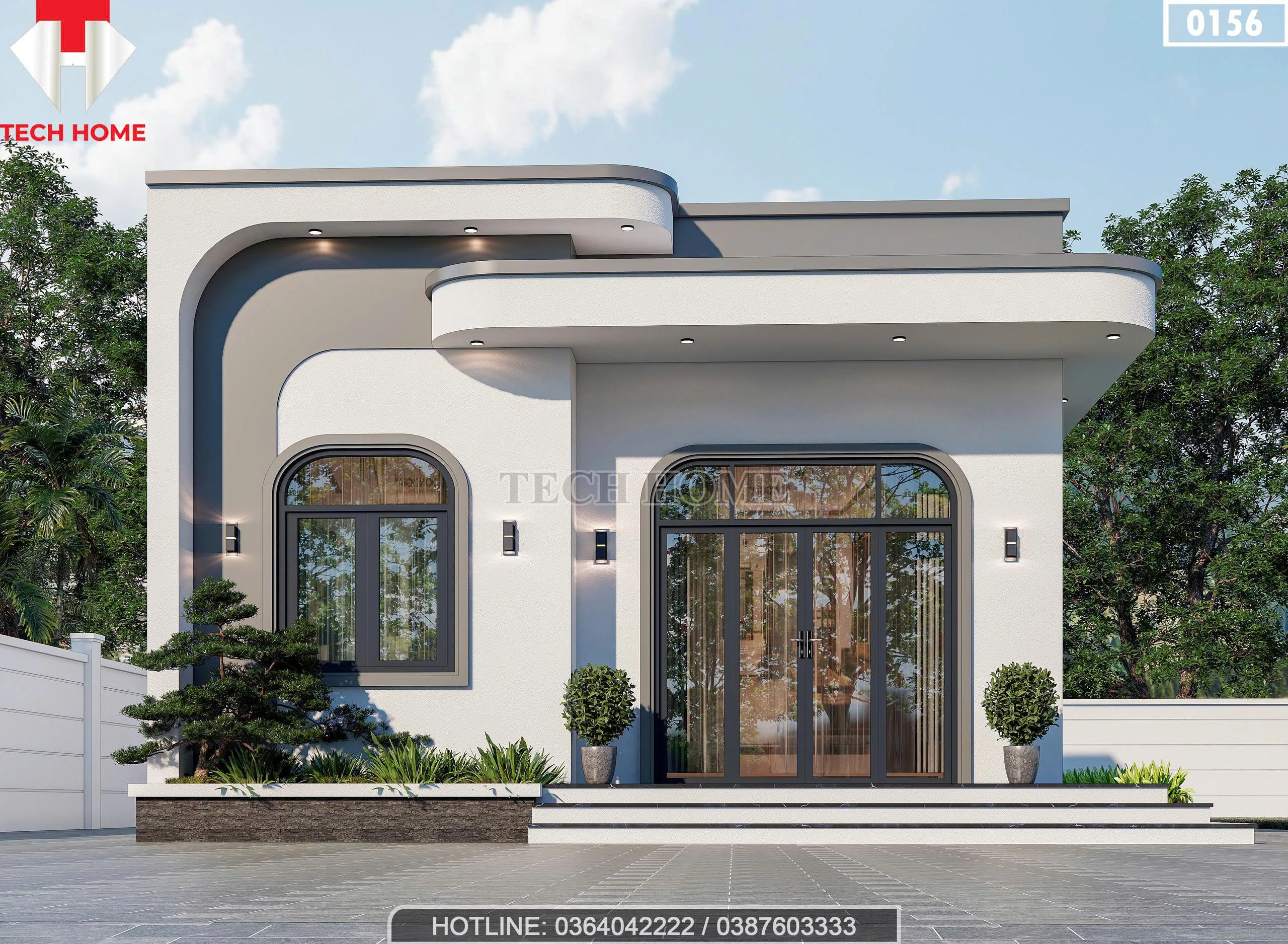 Phối cảnh mặt tiền mẫu nhà cấp 4 mái bằng hiện đại 90m2 tại Bắc Giang của anh Hải.