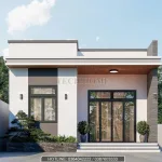 Phối cảnh mặt tiền nhà cấp 4 mái bằng hiện đại với trần hiên ốp gỗ tinh tế.