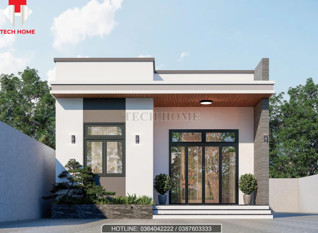 Phối cảnh mặt tiền nhà cấp 4 mái bằng hiện đại với trần hiên ốp gỗ tinh tế.