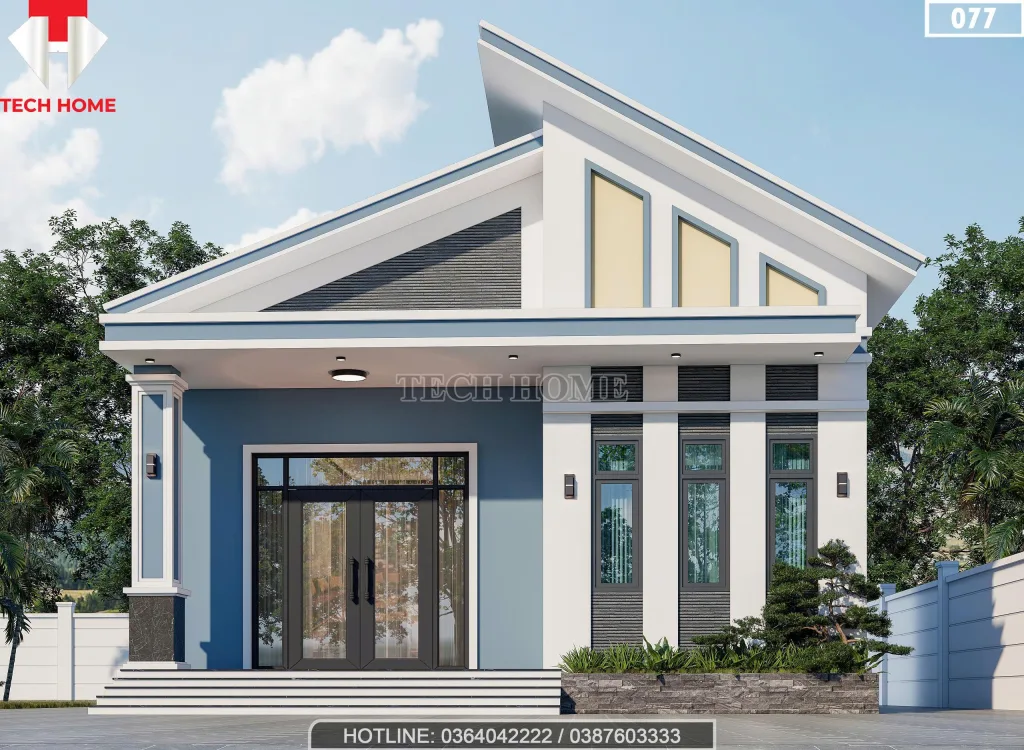 Phối cảnh mặt tiền chính diện mẫu nhà cấp 4 mái lệch hiện đại tại Gia Lai của anh Nam.