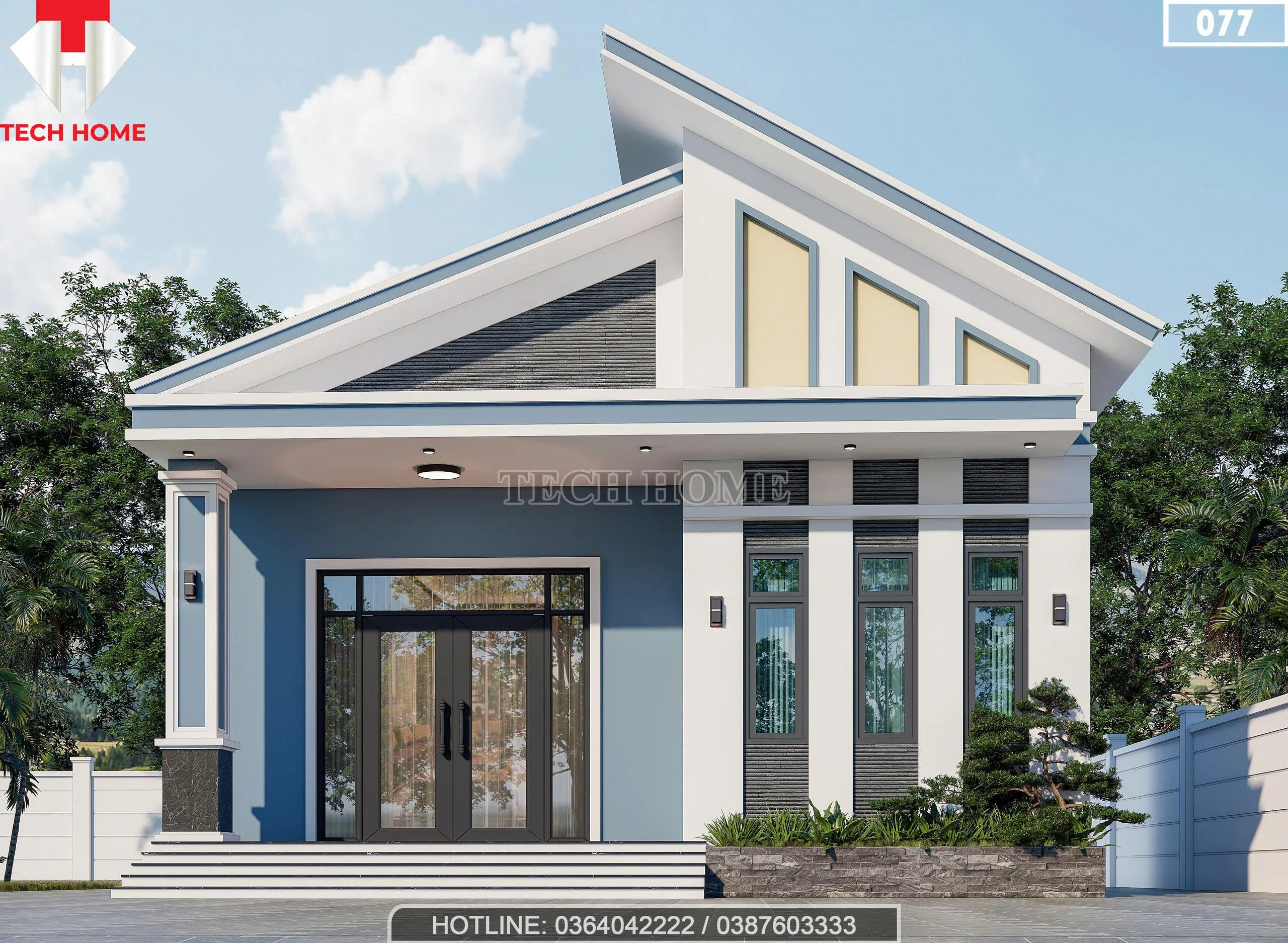 Phối cảnh mặt tiền chính diện mẫu nhà cấp 4 mái lệch hiện đại tại Gia Lai của anh Nam.