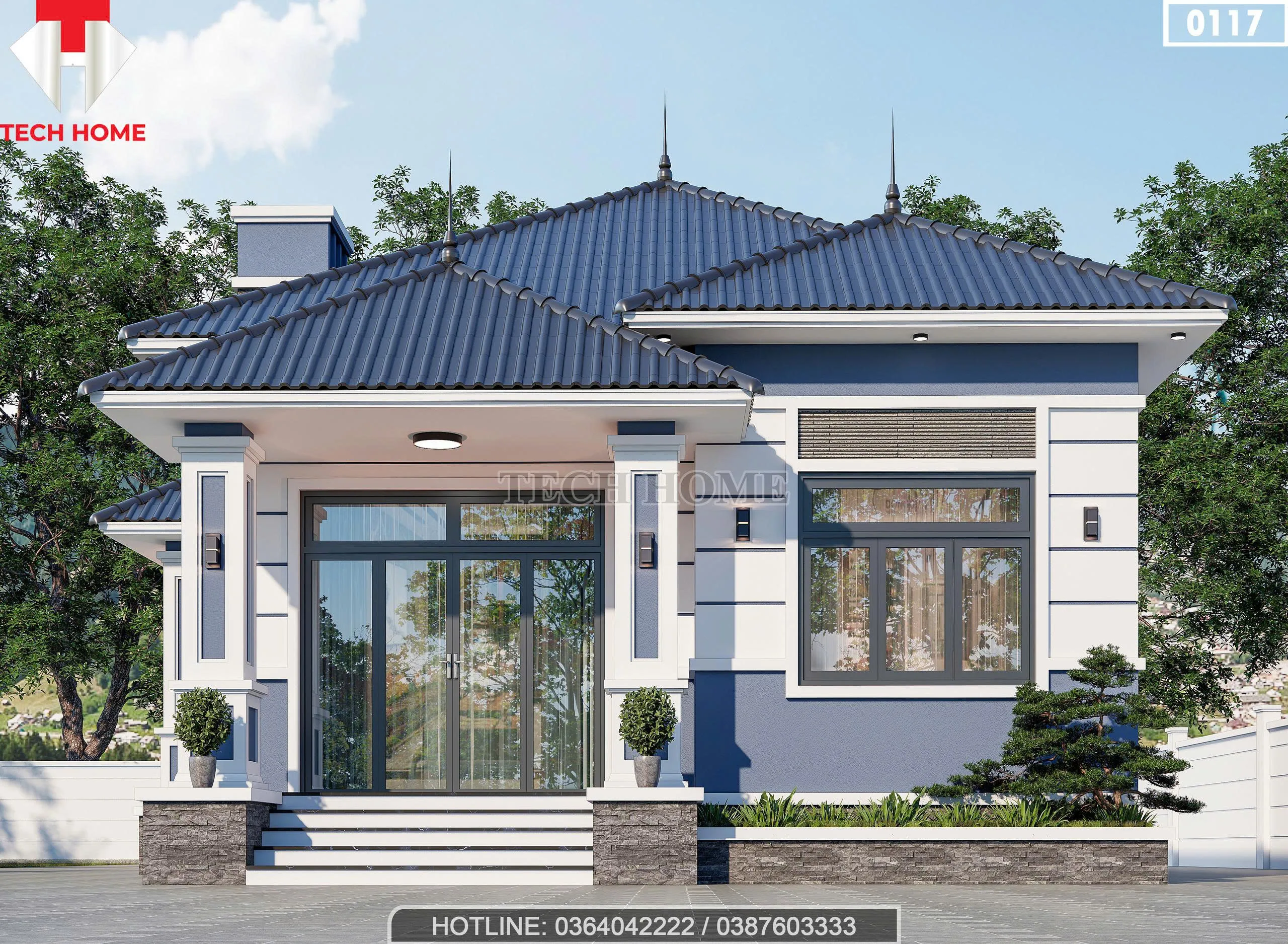 Phối cảnh mặt tiền mẫu nhà cấp 4 mái Nhật 3 phòng ngủ hiện đại, cửa nhôm kính xingfa tại Ninh Bình.