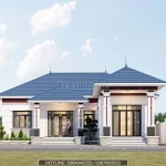 Mặt tiền đẹp của mẫu nhà cấp 4 mái nhật 4 phòng ngủ lợp ngói xanh coban nổi bật.