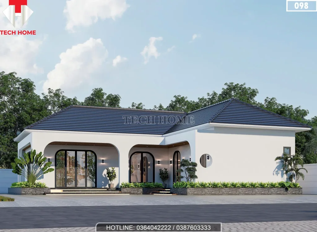 Mẫu nhà cấp 4 mái nhật phong cách nhiệt đới với hệ sảnh vòm cong mềm mại.