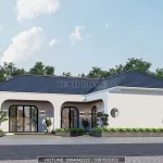 Mẫu nhà cấp 4 mái nhật phong cách nhiệt đới với hệ sảnh vòm cong mềm mại.