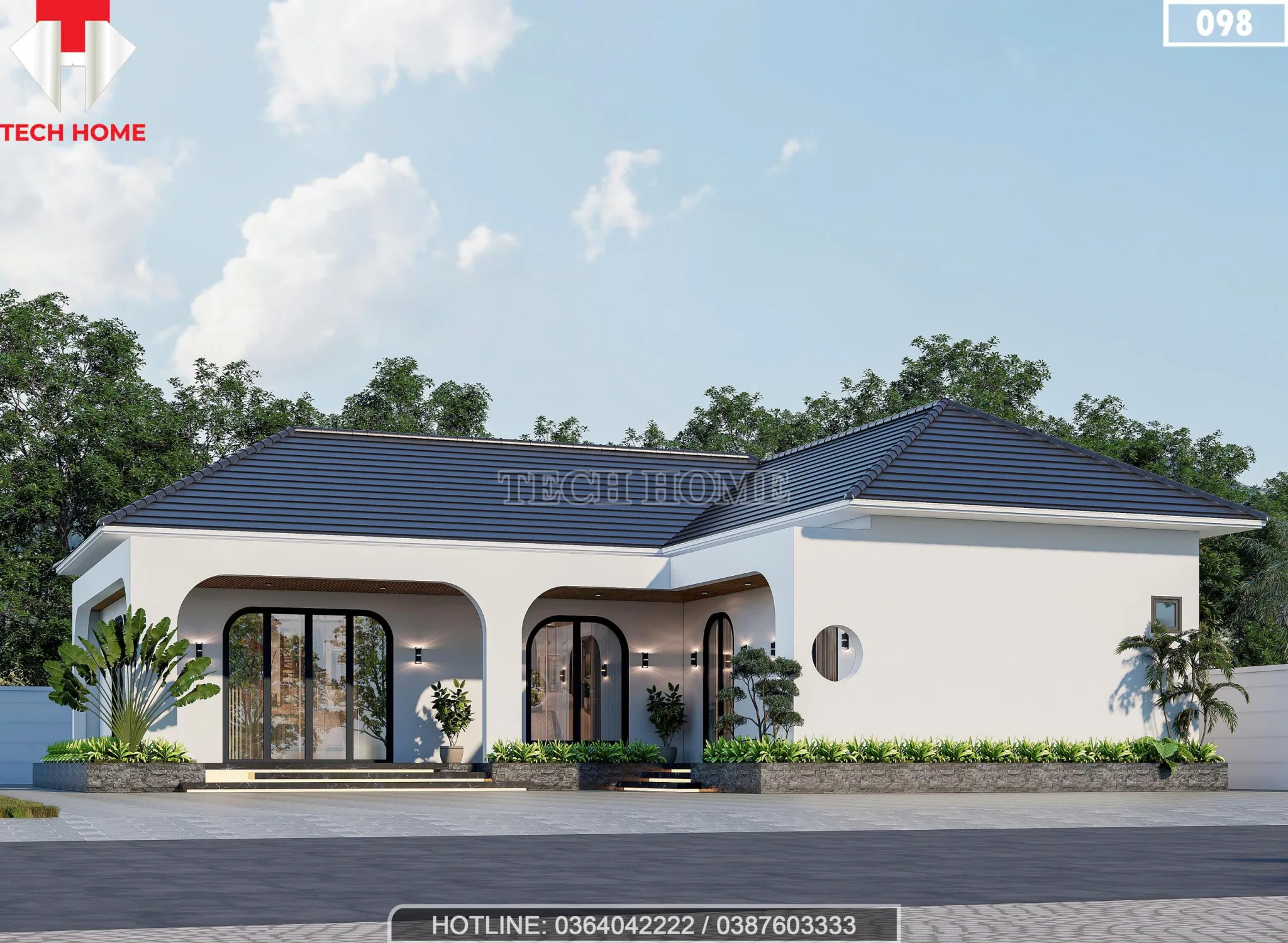 Mẫu nhà cấp 4 mái nhật phong cách nhiệt đới với hệ sảnh vòm cong mềm mại.