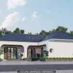 Phối cảnh mặt tiền mẫu nhà cấp 4 mái Nhật 4 phòng ngủ hiện đại với hệ vòm mềm mại tại Quảng Ninh.