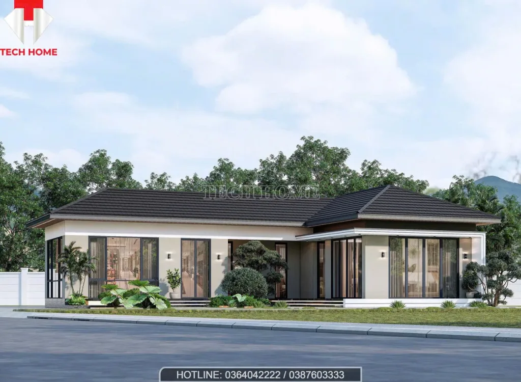 Thiết kế nhà cấp 4 mái nhật hình chữ L hiện đại tối ưu không gian sân vườn.