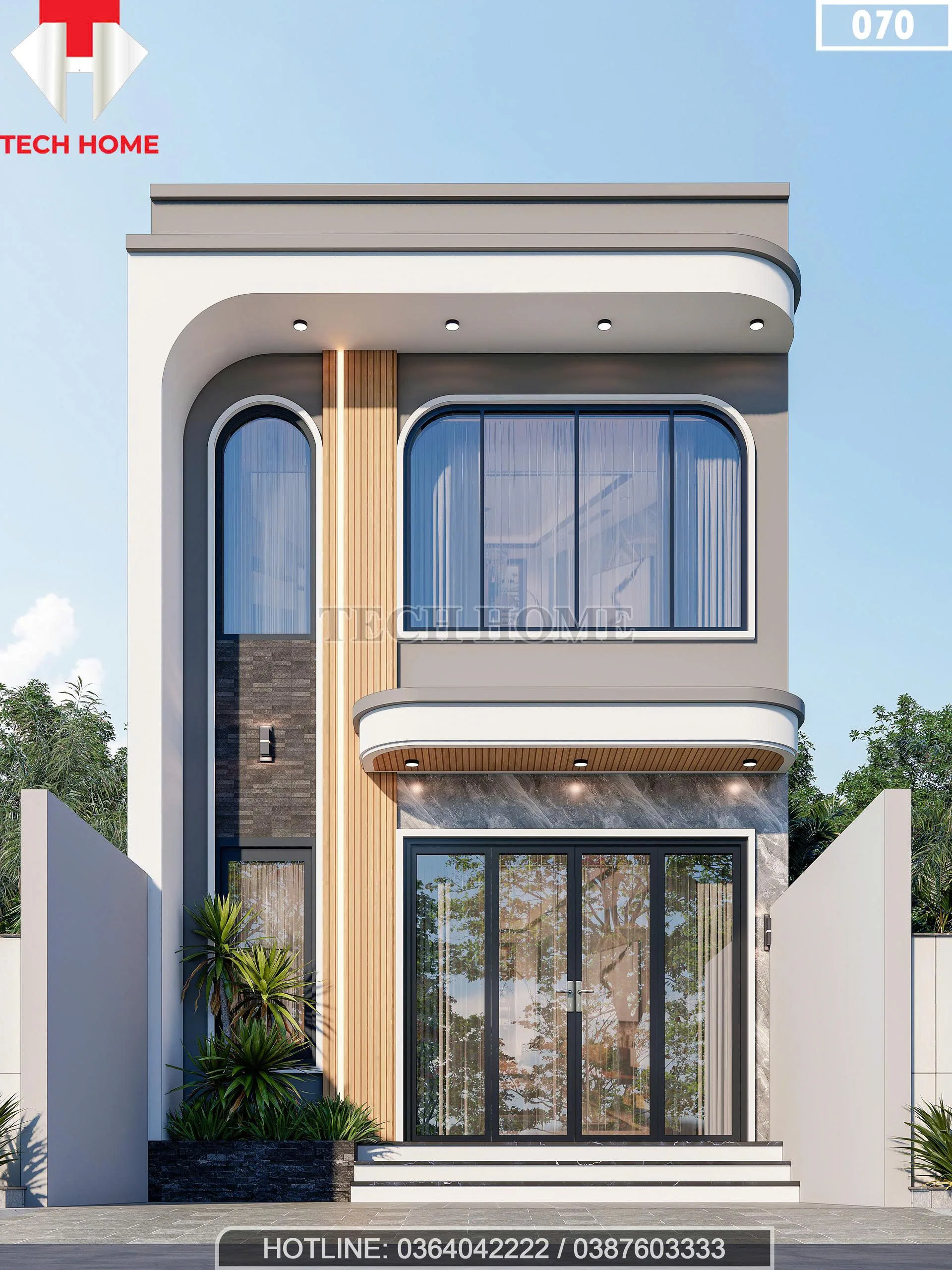 Phối cảnh mặt tiền chính diện mẫu nhà gác lửng hiện đại 80m2 thiết kế bởi Techhome tại Móng Cái.