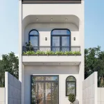 Thiết kế mặt tiền mẫu nhà mái bằng 2 tầng diện tích 5m chuẩn công năng với ban công xanh.