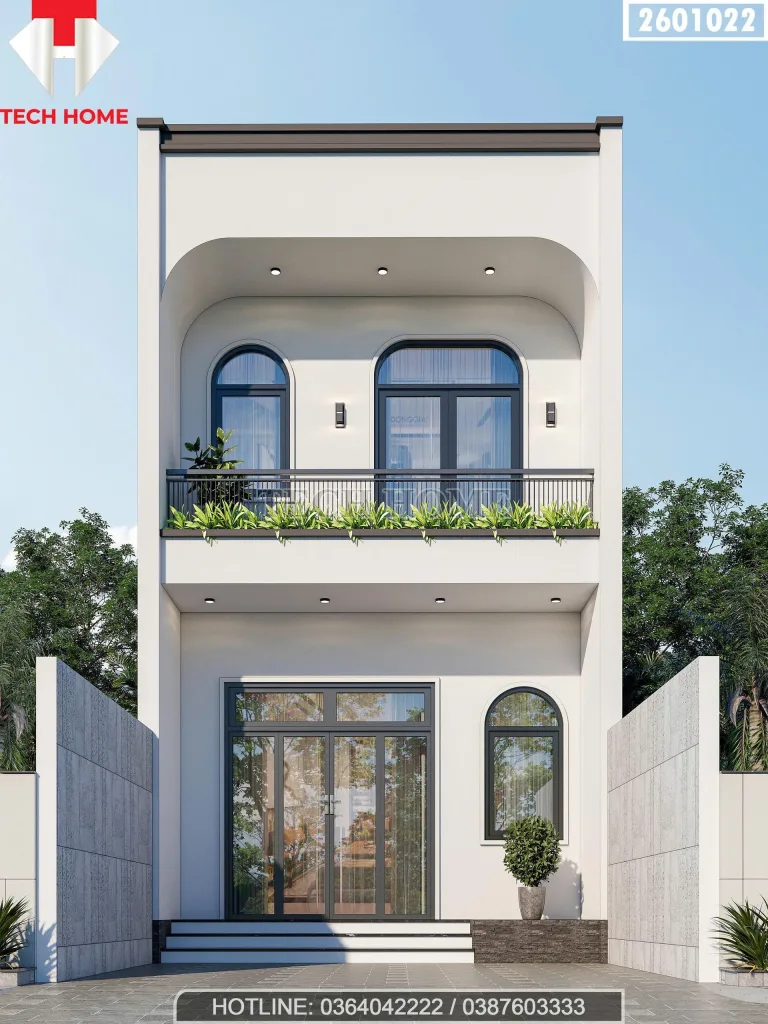 Thiết kế mặt tiền mẫu nhà mái bằng 2 tầng diện tích 5m chuẩn công năng với ban công xanh.