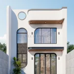 Phối cảnh mặt tiền mẫu nhà mái bằng 2 tầng phong cách tối giản tone trắng thanh lịch.